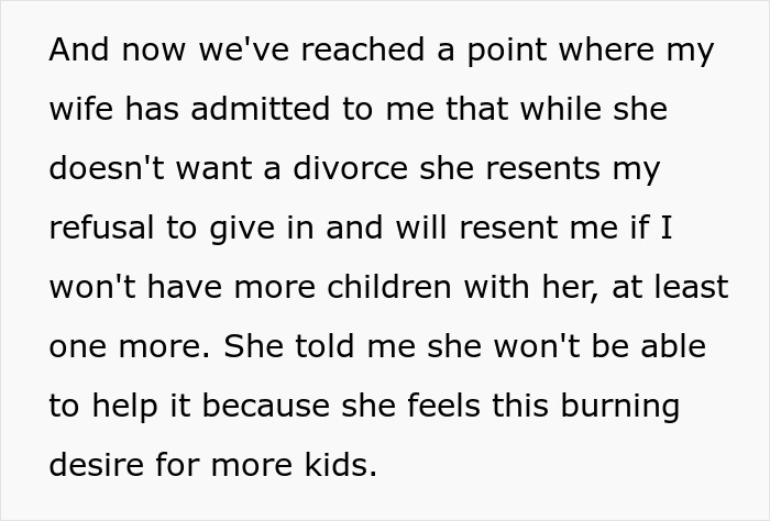 Text about wife obsessed with having more kids, conflicted over marriage and desire for a third child. Text about wife obsessed with having more kids, conflicted over marriage and desire for a third child.