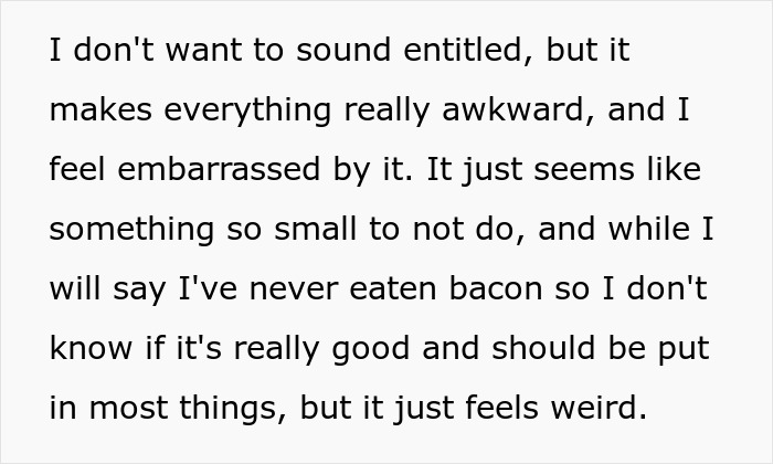 Text about feeling awkward and embarrassed because bacon is put in everything during visits, highlighting bacon and Jewish context.