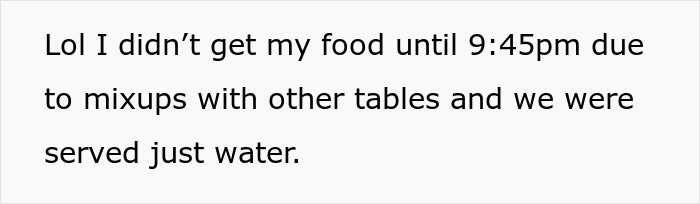 Text-based image showing a chaotic wedding experience with food mixups and delayed service described by a woman.