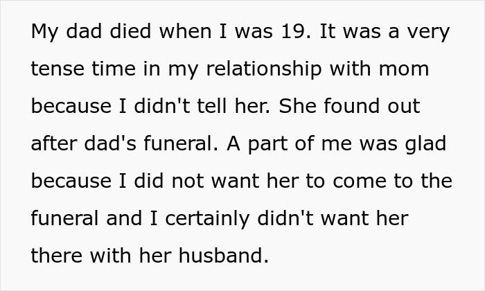 Text about tense relationship with mom after dad&rsquo;s death, highlighting mom marrying affair partner and daughter&rsquo;s refusal to let him walk her down aisle.