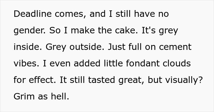 Text about a gray cake with cement vibes that tastes great but looks grim at a gender reveal party.