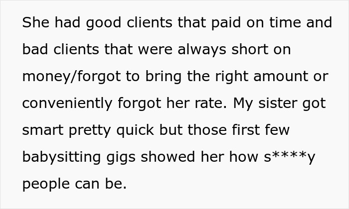Text excerpt discussing babysitting experiences with clients, highlighting a religious couple who didn't pay and a Bible-based revenge plan. Text excerpt discussing babysitting experiences with clients, highlighting a religious couple who didn't pay and a Bible-based revenge plan.