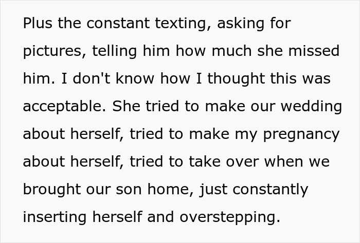 Text excerpt describing a man&rsquo;s mother overstepping boundaries during his wife&rsquo;s pregnancy and early motherhood experience.
