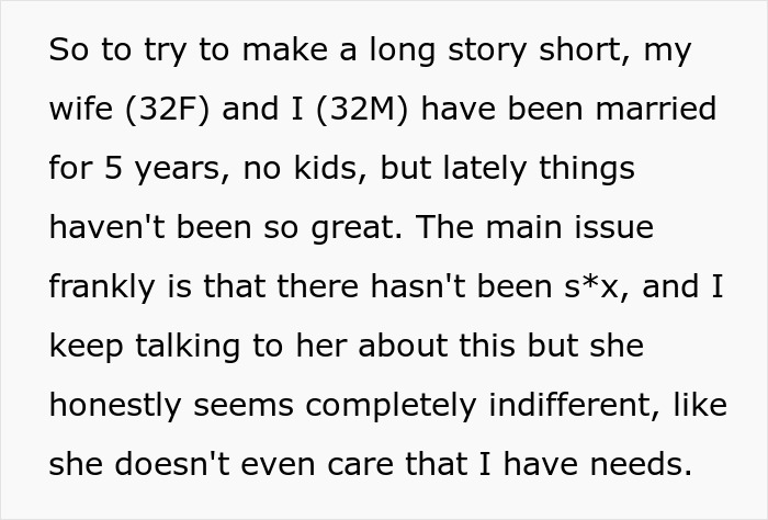 Text excerpt from a husband's perspective describing marriage issues and his wife's indifference, related to wife cheats on husband.