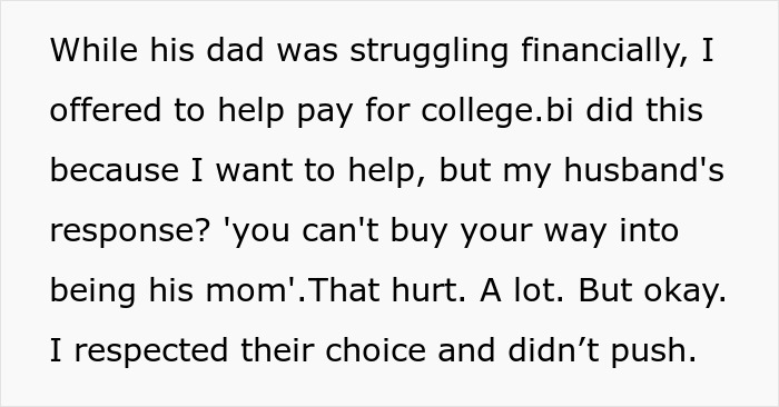 Text excerpt describing a woman’s experience responding to her husband about paying for her stepson’s surgery costs. Text excerpt describing a woman’s experience responding to her husband about paying for her stepson’s surgery costs.