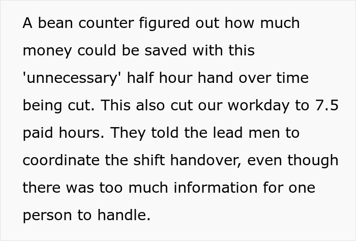Text describing company’s penny-pinching efforts leading to reduced work hours and halted extra effort by workers. Text describing company’s penny-pinching efforts leading to reduced work hours and halted extra effort by workers.