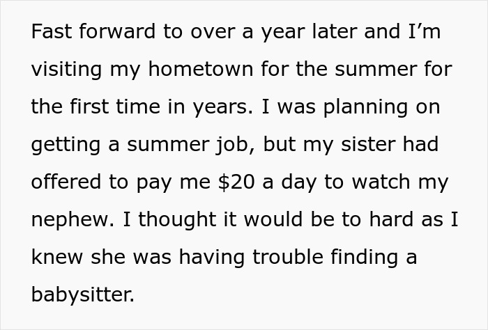 Woman throws a fit after sibling refuses to babysit her child all summer for free, causing family tension and frustration.