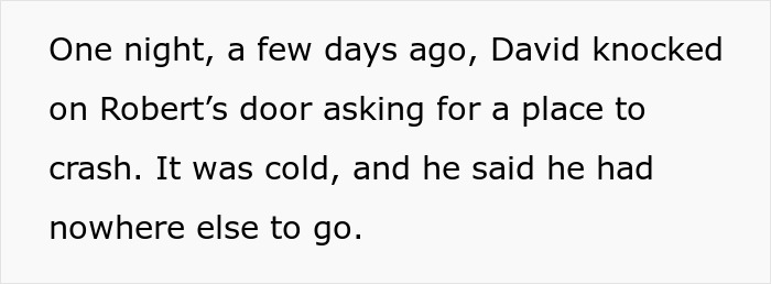 Text on screen showing a story about a guy learning his childhood friend robbed a kind old man and tracking him down.