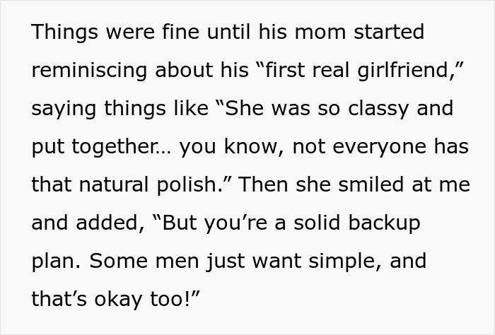 Text showing a woman being compared to her boyfriend&rsquo;s classy ex by his mom, feeling shocked and downgraded.