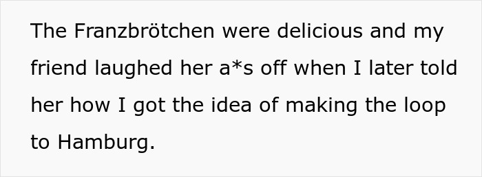 Text excerpt about Franzbr&ouml;tchen and a humorous story related to making the loop to Hamburg, referencing remove your stuff or stand until final destination.