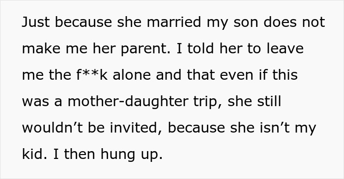 Daughter-in-law seeks relationship with mother-in-law but is firmly told to get lost despite family ties.