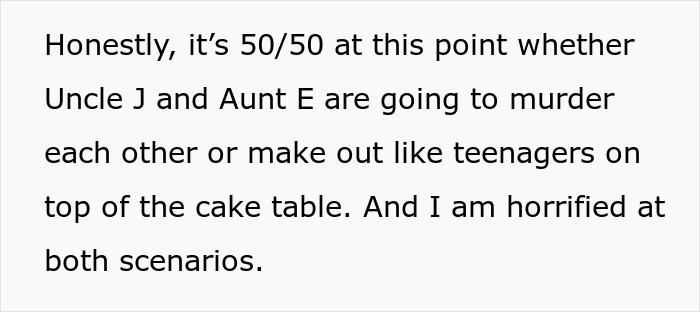 Text discussing family drama at a wedding involving bride's dad and divorce, highlighting unexpected wedding chaos.