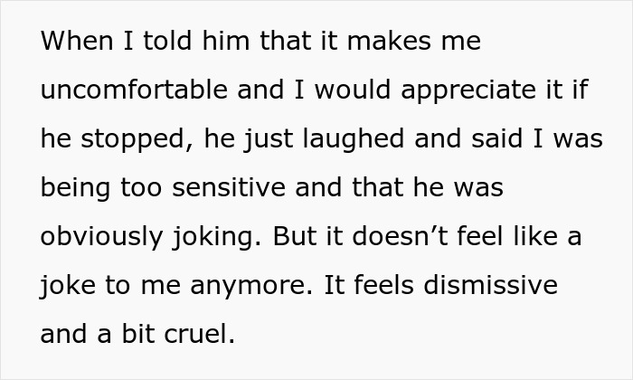 Text excerpt showing frustration over groom-to-be making cold feet jokes, causing bride to feel dismissed and uneasy.