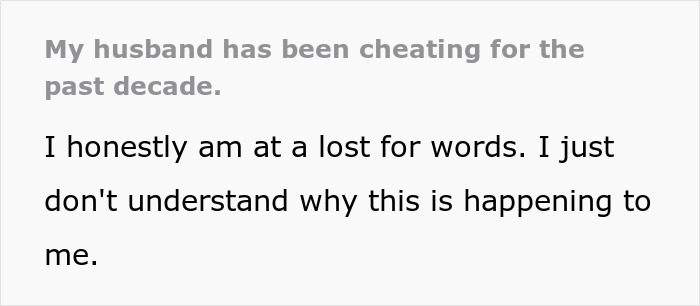 Text showing a confession about a husband hiding a secret second family and the pain of betrayal after years.