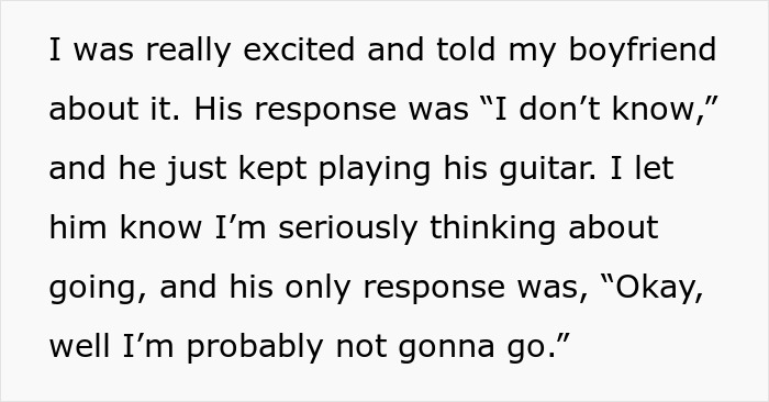 Text showing a woman considering a move to Alaska alone and discussing her plans with her boyfriend.