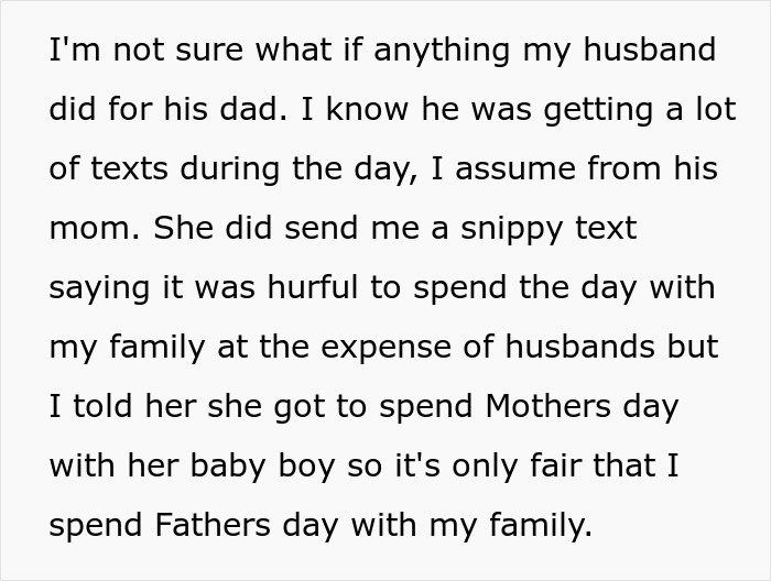 Text message discussing a man spending Mother's Day with his mom instead of his wife on her first Mother's Day.