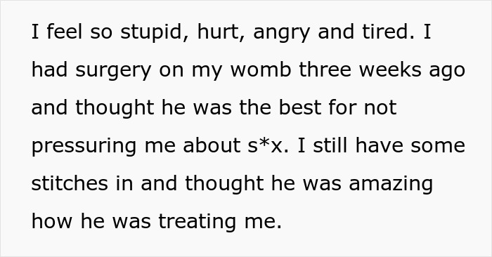 Text expressing feelings of pain, anger, and tiredness after surgery, referencing a mentally unstable boyfriend situation.