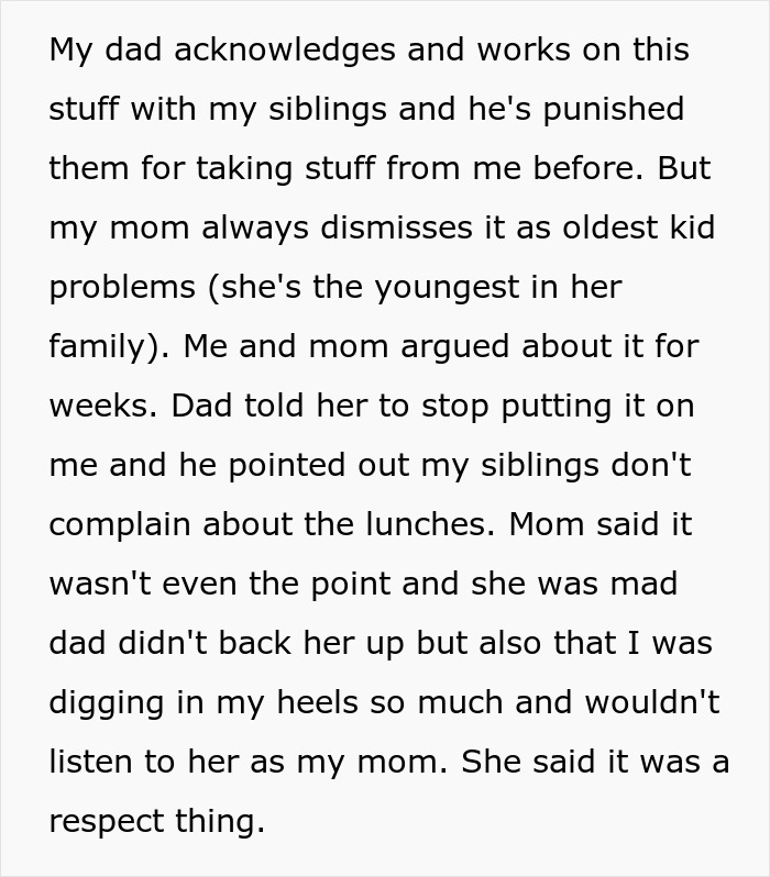 Text excerpt showing a mom guilt-tripping son who makes lunch only for himself and not his siblings in a family argument.