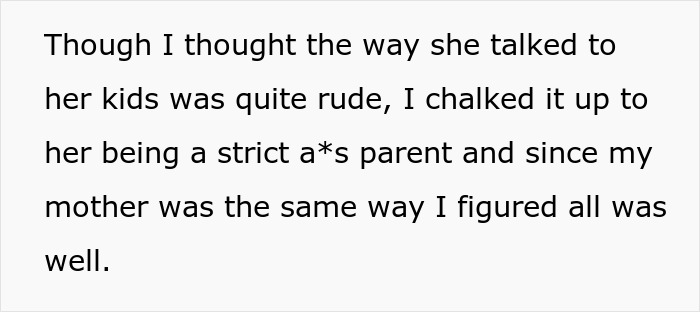 Text excerpt discussing a strict mom's rude behavior toward her kids, linked to themes of harsh parenting and family conflict. Text excerpt discussing a strict mom's rude behavior toward her kids, linked to themes of harsh parenting and family conflict.