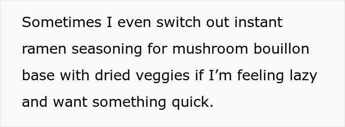 Text excerpt about swapping instant ramen seasoning with mushroom bouillon base and dried veggies for a quick meal, relating to bone broth.