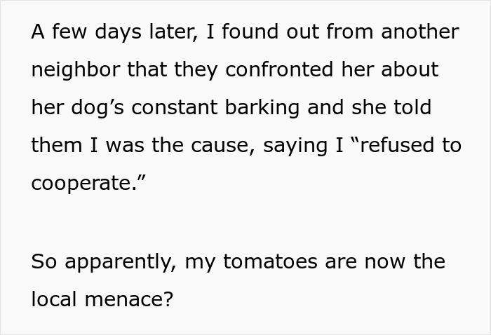 Text excerpt describing neighborhood drama where a woman blames barking dog on the garden next door. Text excerpt describing neighborhood drama where a woman blames barking dog on the garden next door.