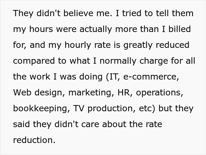 Text excerpt showing a non-profit employee disputing accusations of fudging hours despite reduced hourly rate.