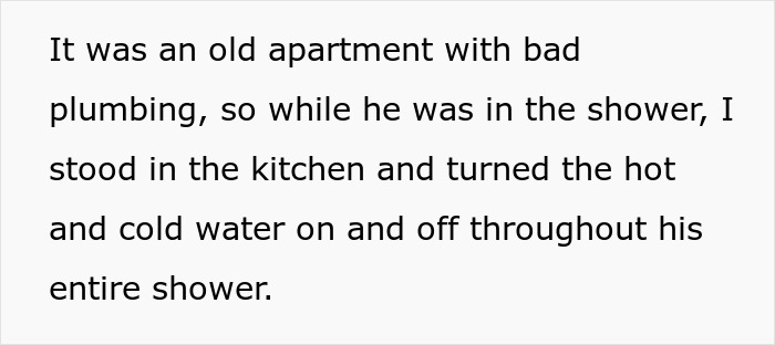 Alt text: Text describing a perfectly timed shower trick used to teach a homophobic brother-in-law a lesson with bad apartment plumbing.
