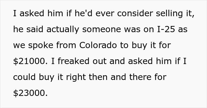 Text excerpt discussing purchase negotiation of a 1972 Ford Bronco for $23K related to high school memories.