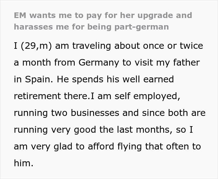 Text excerpt about a man traveling frequently from Germany to Spain and a mother insisting on paying for an upgrade.