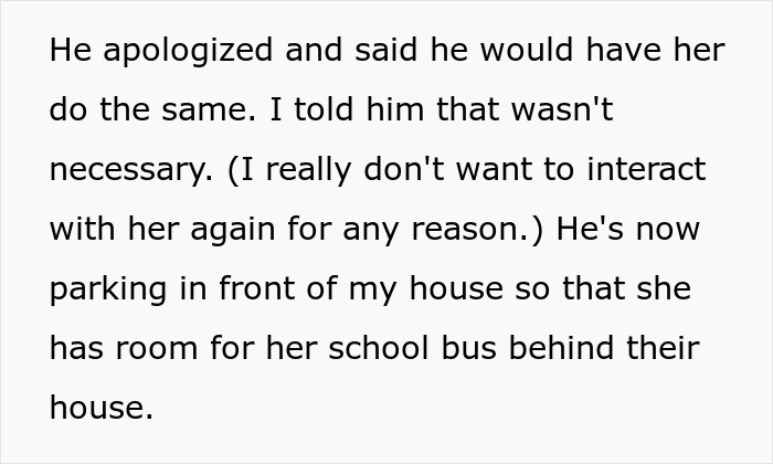 Text excerpt about a neighbor refusing to move her car from a public spot, causing a parking dispute. Text excerpt about a neighbor refusing to move her car from a public spot, causing a parking dispute.