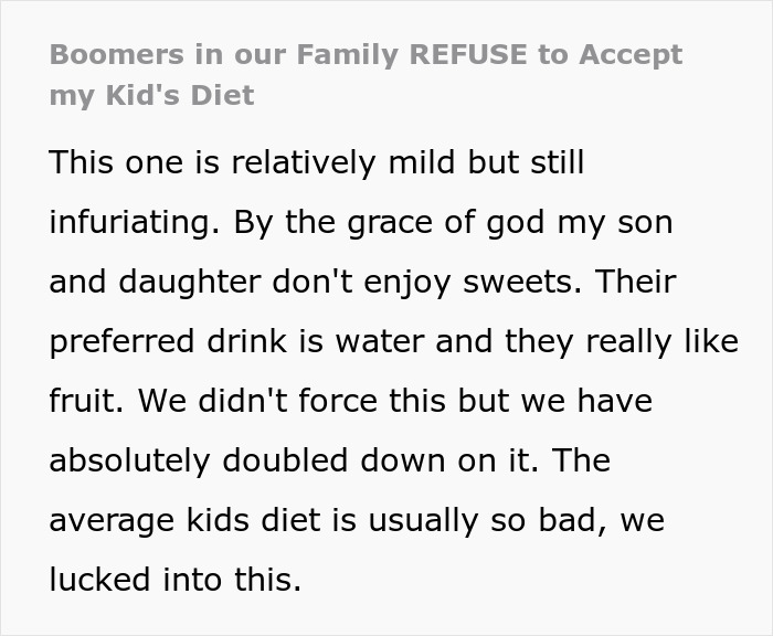 Text about boomers refusing to accept healthy kids' diet, with kids preferring water and fruit over sweets.