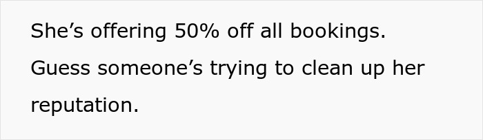 Text showing an offer of 50 percent off all bookings with a comment about cleaning up a reputation related to venue host disputes.