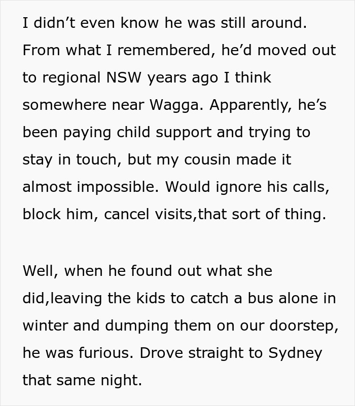 Text excerpt discussing poor parenting revealed by leaving kids with cousin and potential custody issues.