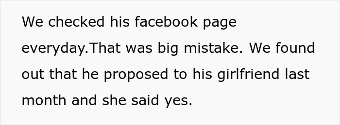Text message screenshot showing parents discussing checking their son's Facebook page and learning about his recent engagement.