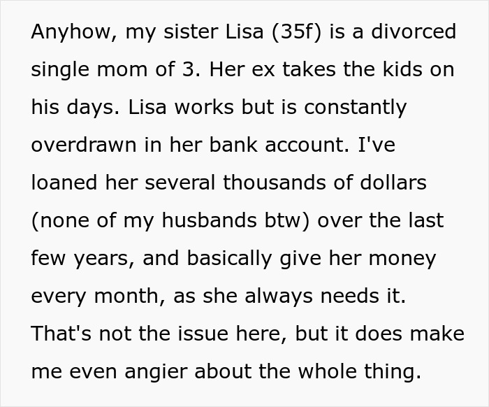 Text excerpt discussing a divorced single mom and her sister's financial support amid babysitting concerns.
