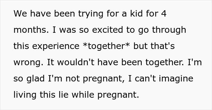 Text on screen about trying for a kid for months and relief about not being pregnant amid a secret second family revelation.