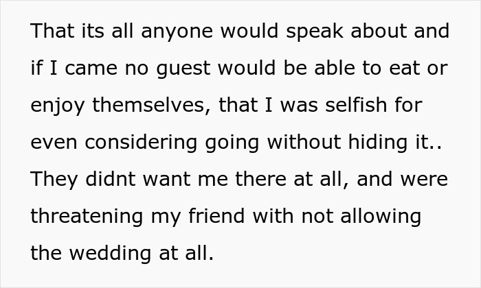 Text discussing a maid of honor refusing to hide psoriasis at a wedding, leading to being banned without body makeup.