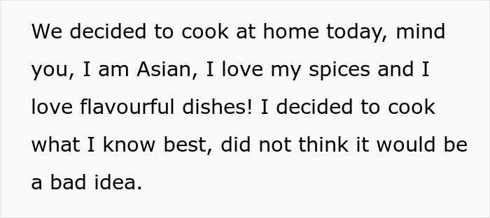 Text excerpt emphasizing use of spices and cooking at home, highlighting cultural cooking preferences and reactions.
