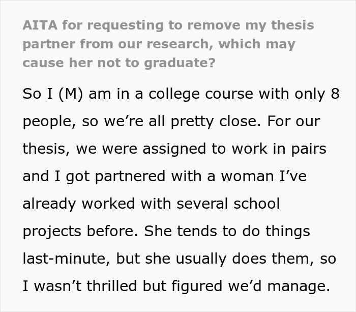 Woman at risk of not graduating after failing to contribute to shared thesis in a college course partnership.