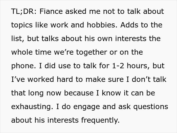 Text about a woman facing loneliness as her fianc&eacute; bans conversation topics, impacting their communication and connection.