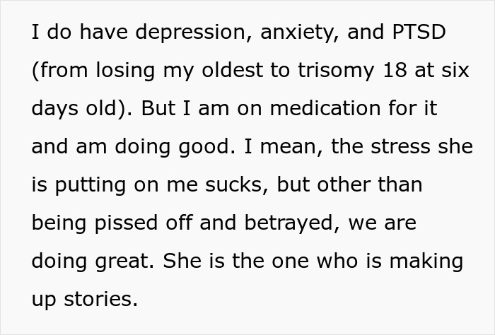 Text discussing a woman dealing with depression and anxiety while facing stress from her mom threatening to call CPS. Text discussing a woman dealing with depression and anxiety while facing stress from her mom threatening to call CPS.