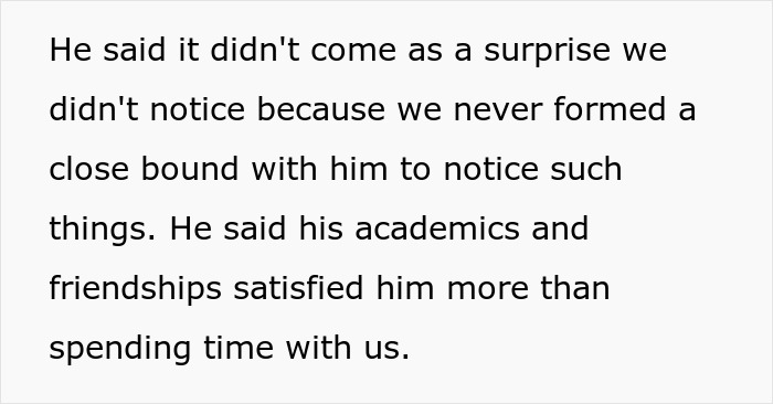 Text excerpt about parents reflecting on years of neglect and their son's blowup, highlighting concerns of messed up son.