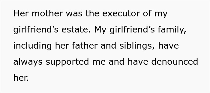 Text excerpt about a man concerned over late girlfriend&rsquo;s mom possibly suing him for $100K, seeking legal advice.
