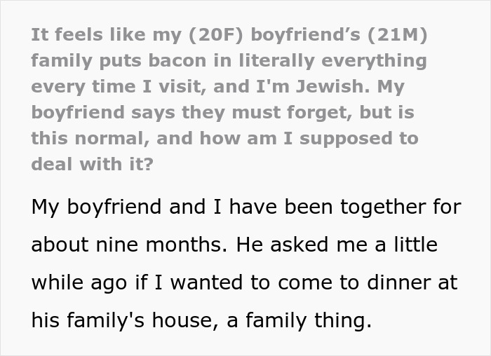 Young woman describes her boyfriend&rsquo;s family putting bacon in everything despite her Jewish dietary restrictions