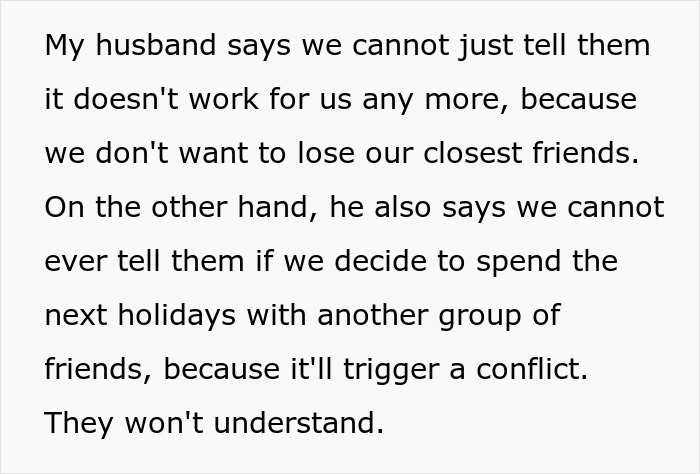 Text excerpt describing a couple struggling with friends&rsquo; kids&rsquo; misbehavior during trips, seeking a way out.