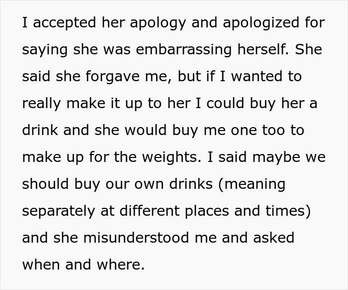 Text excerpt showing a man explaining his interaction with a gym stalker after she hurled weights at him.