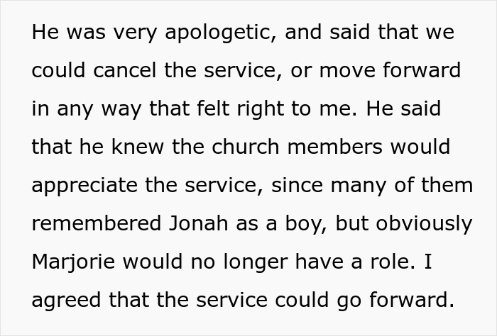 Text excerpt discussing memorial service plans and reactions from the best friend of late man and his widow.