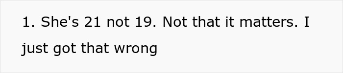 Text stating she's 21 years old, correcting a previous mistake about her age in a public parking dispute context. Text stating she's 21 years old, correcting a previous mistake about her age in a public parking dispute context.