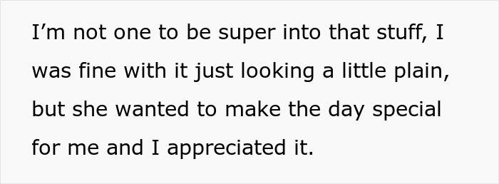 Text excerpt showing a woman expressing gratitude for someone making her wedding day special despite feeling plain.