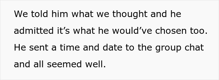 Text on a white background describing a conversation about confirming a meeting time sent to a group chat.